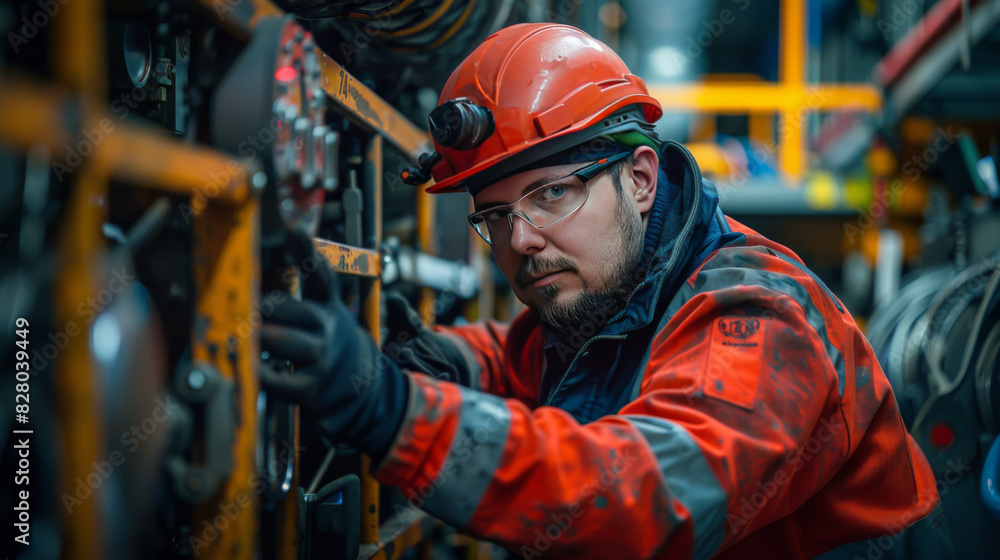 Focused male mechanic in safety gear adjusts complex machinery in an industrial setting during a routine check. Focused male mechanic in safety gear adjusts complex machinery in an industrial setting during a routine check.
