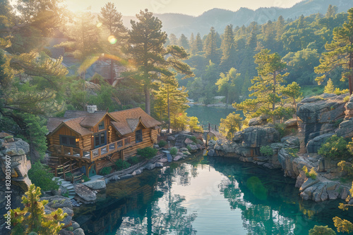 Scenic log cabin on a rocky hillside overlooking a serene mountain lake