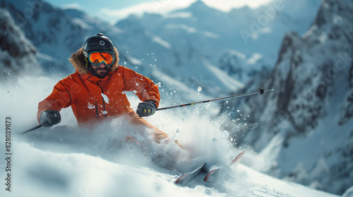 Professional Skier in Orange Suit Performing Freeride on Powder Snow

 photo