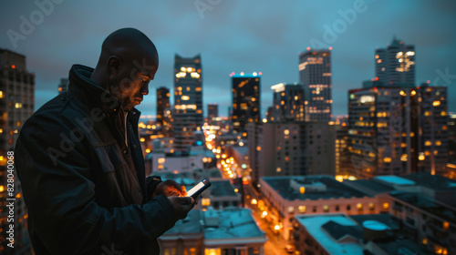African-American man focused on his smartphone in a bustling city during evening hours, illuminated by city lights.