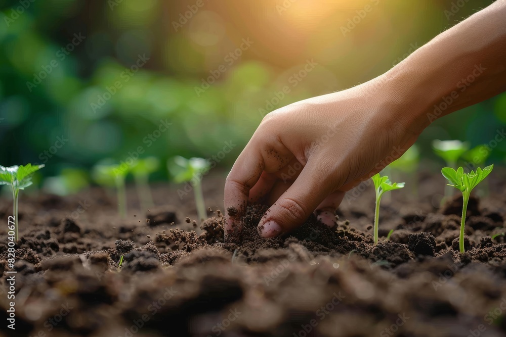 Hand planting a young plant in soil, symbolizing the beginning of new life and growth in a garden Hand planting a young plant in soil, symbolizing the beginning of new life and growth in a garden