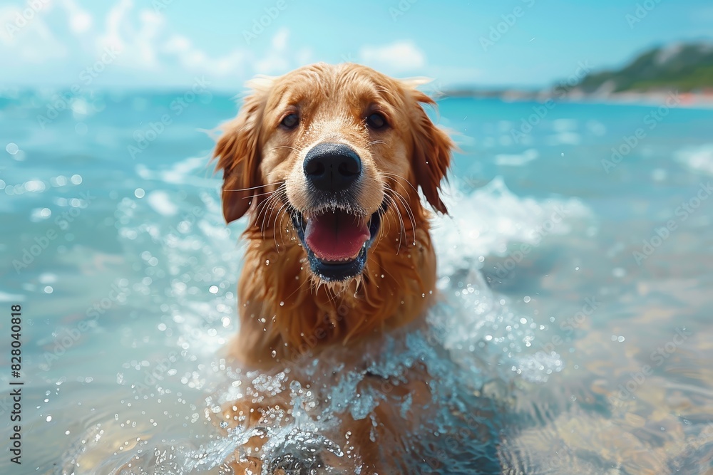 Golden retriever joyfully playing and splashing in the clear blue ocean on a sunny day with a scenic background of distant hills and sky Golden retriever joyfully playing and splashing in the clear blue ocean on a sunny day with a scenic background of distant hills and sky