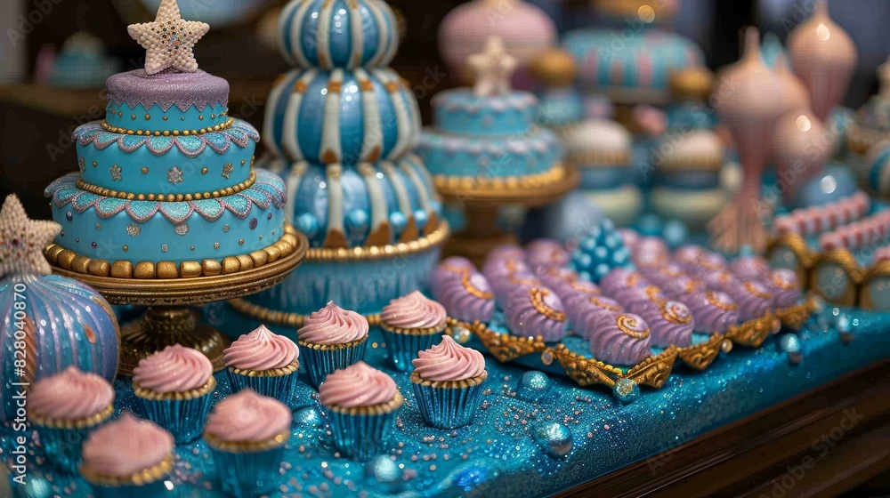 Extravagant dessert display table with intricately decorated cakes, cupcakes, and confections in a whimsical blue and gold theme, perfect for a glamorous celebration or event