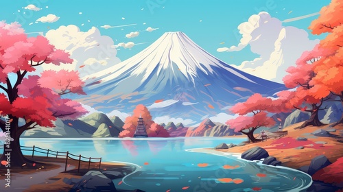 Colorful chibistyle cartoon of a mountain in vivid hues, created with stylized digital painting. photo