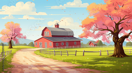 Colorful chibistyle farm illustration with vivid colors and stylized painting. photo