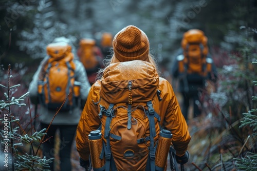 A group of hikers clad in orange outerwear and backpacks trek through a frosty forest trail, embracing the beauty of nature during a winter hiking adventure
