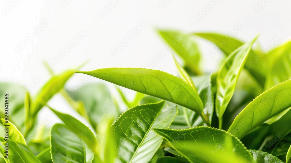 Obraz premium Fresh green tea leaves close up on a white background freshly harvested from a homegrown organic tea plantation Food concept with space for text and clipping path provided