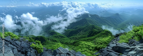 A breathtaking panoramic view of a lush green mountainous landscape blanketed with clouds and mist under a clear blue sky on a bright day