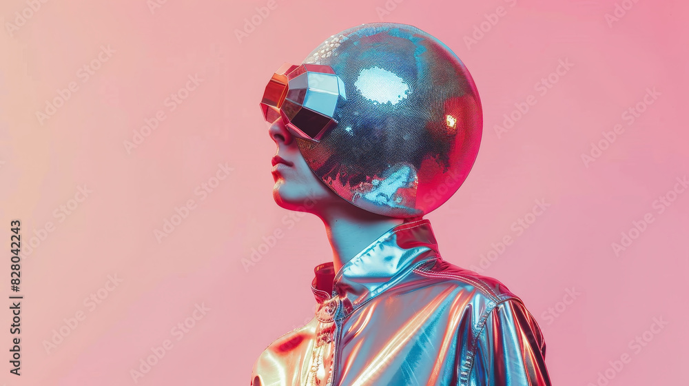 A stylish mannequin with a disco ball head, fashion photography, pink background, shiny silver outfit, disco vibes2 A stylish mannequin with a disco ball head, fashion photography, pink background, shiny silver outfit, disco vibes2