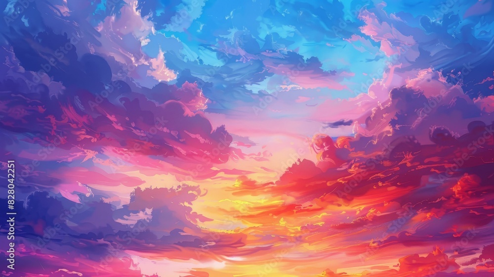 Naklejka premium Breathtaking sunset floods the sky with vivid, dramatic hues.