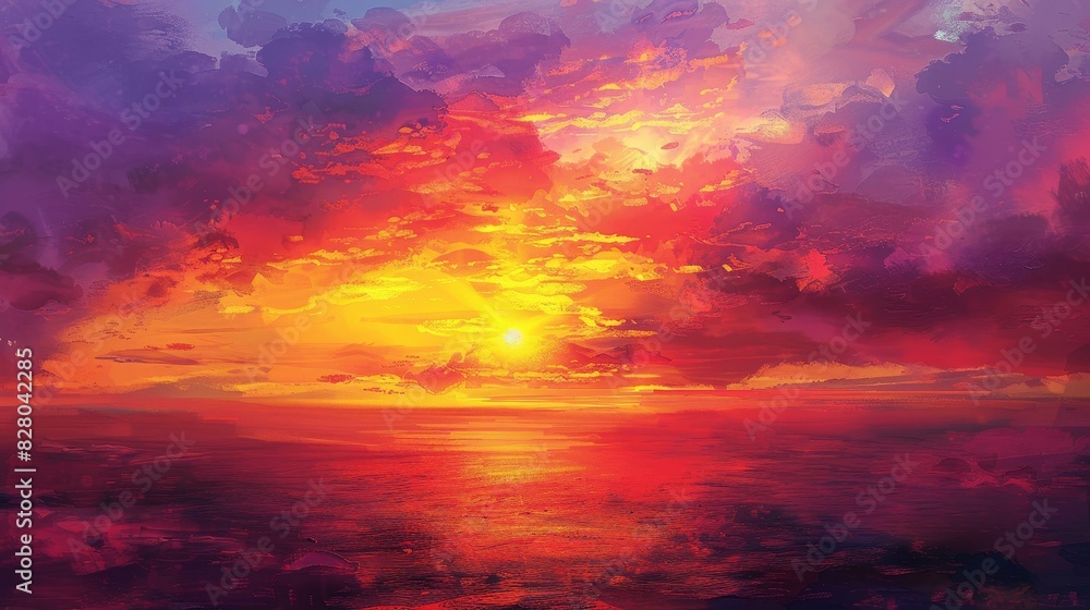 Obraz premium A stunning sunset paints the sky in vibrant red, purple, and yellow hues.