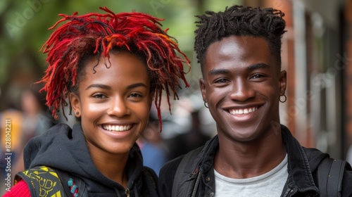A vibrant and joyful portrait of two young individuals with bright smiles, featuring one person with striking red dreadlocks and another with natural black hair, standing outdoors together photo