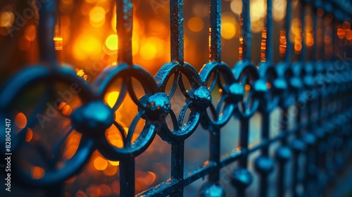 Close-up of intricate wrought iron fence with warm bokeh sunset background, highlighting detailed craftsmanship and golden hour lighting photo