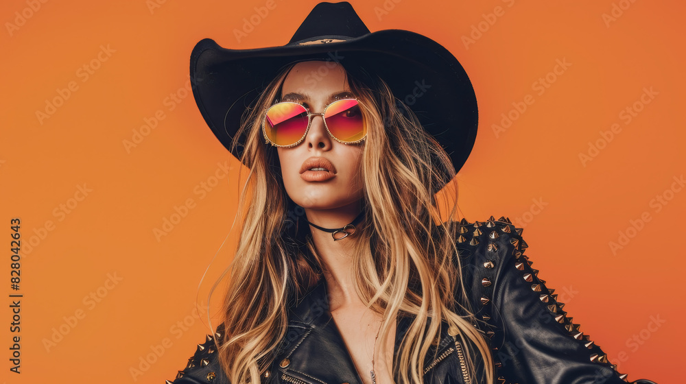 A stylish woman with long blonde hair, wearing a black cowboy hat, a black leather jacket with gold studs, and reflective sunglasses, posing against an orange background A stylish woman with long blonde hair, wearing a black cowboy hat, a black leather jacket with gold studs, and reflective sunglasses, posing against an orange background