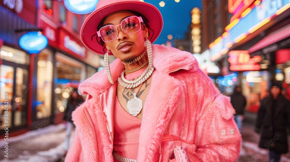 A fashionable individual confidently strolling through a lively street adorned with colorful lights while wearing a vibrant pink ensemble that exudes luxury and style