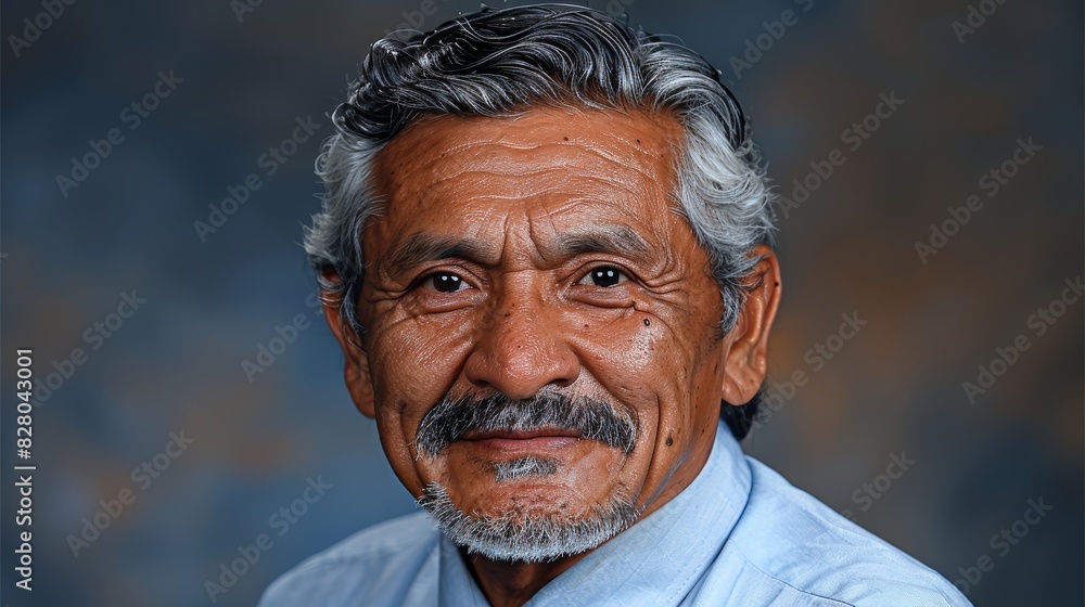 Elderly man with grey hair and mustache wearing a light blue shirt, facing the camera with a neutral expression against a blurred brown and blue background