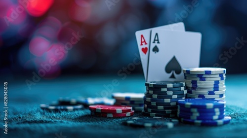 Close up shot of four aces and colorful stacks of chips on a dark background ideal for adding your text or images Represents gambling poker and casino themes photo