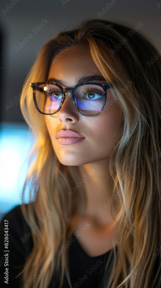 A striking portrait capture of a young woman with long blonde hair and stylish eyeglasses, looking upward thoughtfully against a dimly lit background A striking portrait capture of a young woman with long blonde hair and stylish eyeglasses, looking upward thoughtfully against a dimly lit background