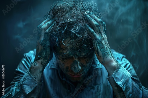 Somber man clutching his head in distress under heavy rain, drenched and covered in grime, capturing an intense emotional struggle and despair photo