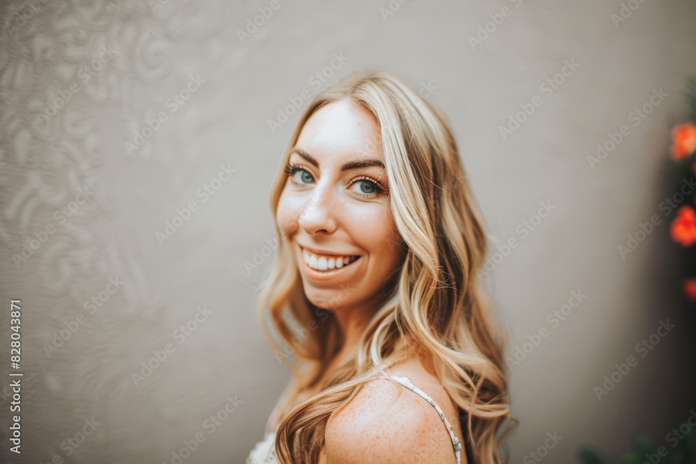 A close-up portrait of a smiling woman with long blonde hair standing against a textured wall, showcasing her happiness and natural beauty in a bright setting A close-up portrait of a smiling woman with long blonde hair standing against a textured wall, showcasing her happiness and natural beauty in a bright setting