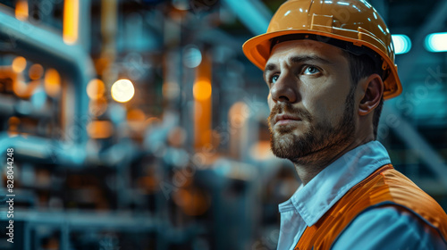 Focused industrial engineer in hard hat examining machinery in a modern manufacturing plant.