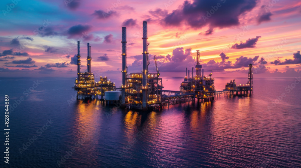 Dramatic sunset illuminating an offshore oil rig, showcasing the complexity and scale of marine oil platforms. Dramatic sunset illuminating an offshore oil rig, showcasing the complexity and scale of marine oil platforms.