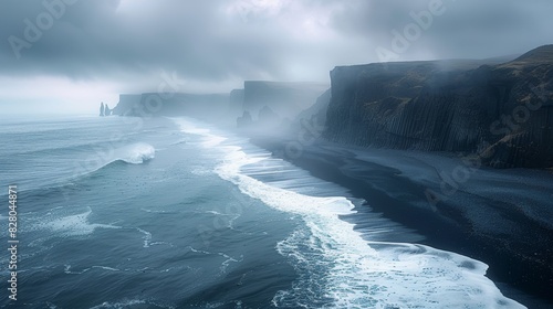 A serene and dramatic coastline with black sand beaches and towering  mist-shrouded cliffs under a moody  overcast sky with waves crashing