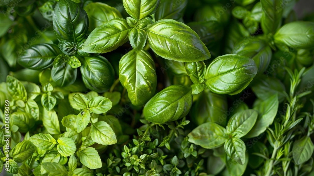 An assortment of freshly harvested herbs and es including basil thyme and rosemary all grown without harmful chemicals. An assortment of freshly harvested herbs and es including basil thyme and rosemary all grown without harmful chemicals.