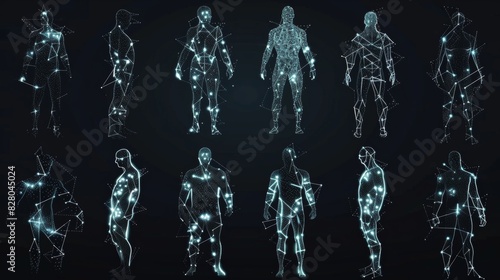 Collection of glowing hologram of human body 3D structure with dark background.