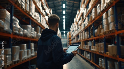 A warehouse employee in a high visibility vest uses a digital tablet to manage inventory in a large distribution center. AIG41 © Summit Art Creations