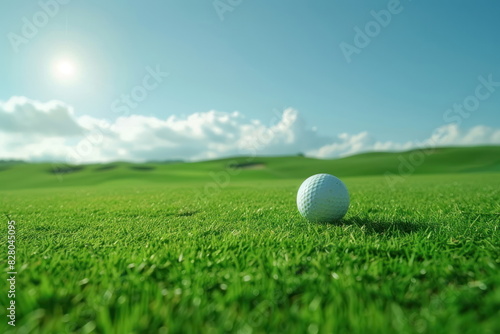 The golf ball is on a very beautiful golf course, nice background landscape