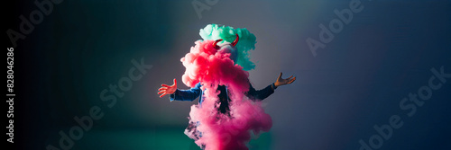 character devil appear / emerge / disappear - anonymous magician person in colorful smoke photo
