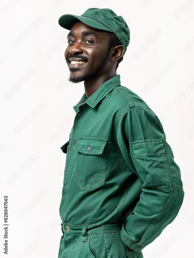 Smiling happy african man in green uniform. Studio lighting, isolated on white background. Smiling happy african man in green uniform. Studio lighting, isolated on white background.