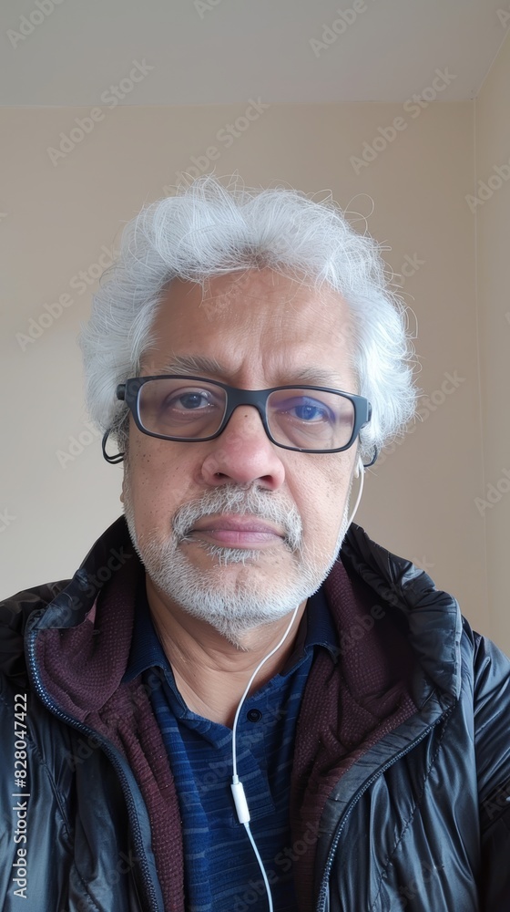 A middle-aged Indian man is making a video call and wearing earbuds A middle-aged Indian man is making a video call and wearing earbuds