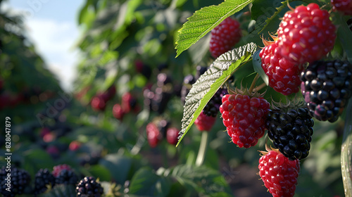 cosecha o plantacion de frambuesas y zarzamoras de frutos rojos maduros jugosos alimento saludable frutas organicas photo