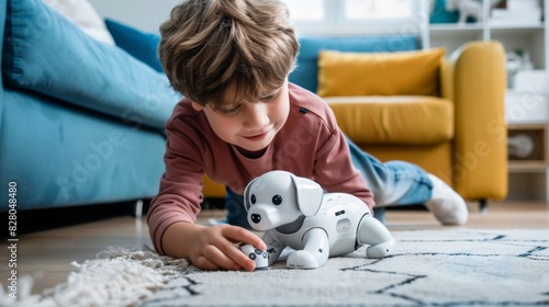 Little kid playing with a robot puppy dog at home.