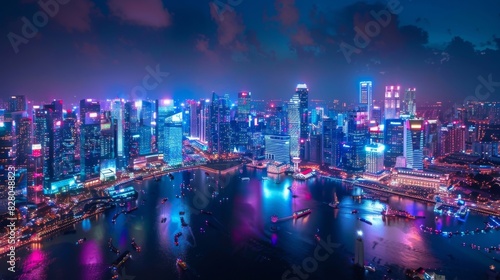 A panoramic view of the cityscape dotted with air taxis and illuminated by the lights and energy of the cultural festival. photo