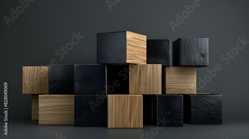 pared o muro de fondo con cubos de madera en tercera dimension 3d como diseño cuadro decorativo photo