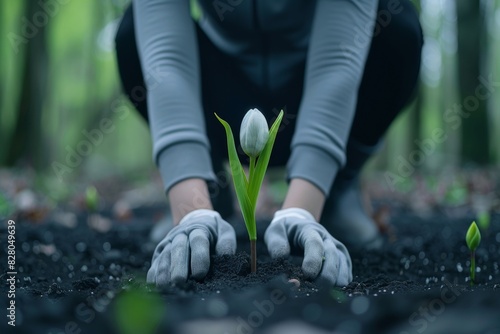 Hands planting tulip bulb in soil, close up of gardening process, emphasizing new growth and the beginning of spring, natural light and outdoor setting #828049639