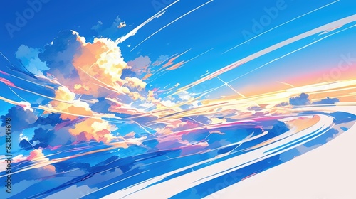 Illustration depicting comic style clouds speeding by with motion trail lines captured in a 2d graphic and set against a pristine white backdrop photo