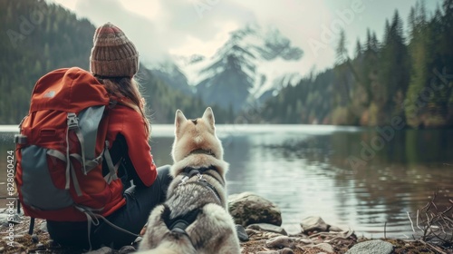 Portrait of a Husky dog with a hiker rest at lake with snow mountain in outdoor park photo