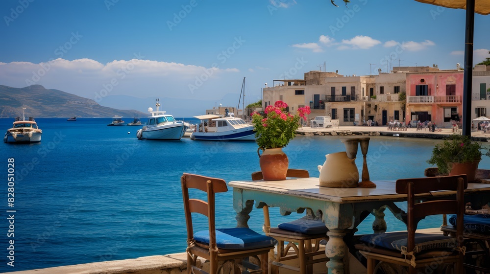A boat docked with tables and chairs. Generative AI A boat docked with tables and chairs. Generative AI