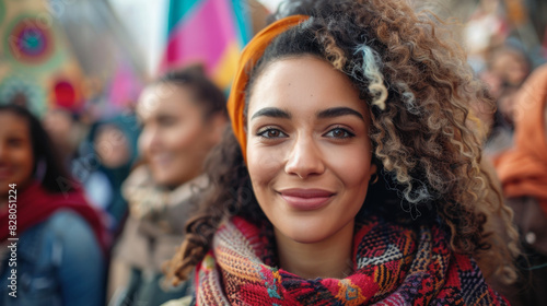 Close-up of a cheerful young woman with curly hair enjoying the vibrant atmosphere at an outdoor festival.