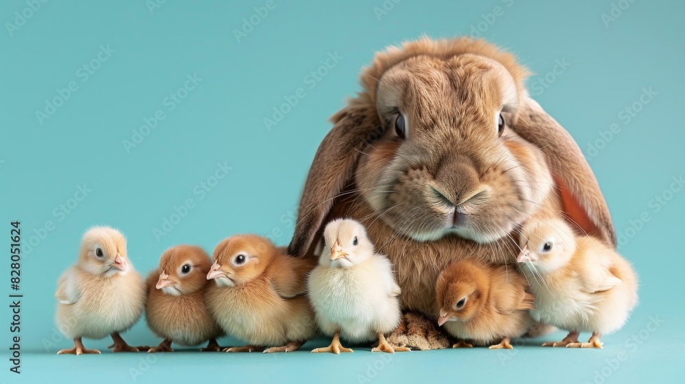 Cute baby rabbit with baby chicken and blue background. Stock Photo ...