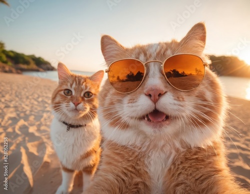 Happy cats with sunglasses enjoying a sunny beach day