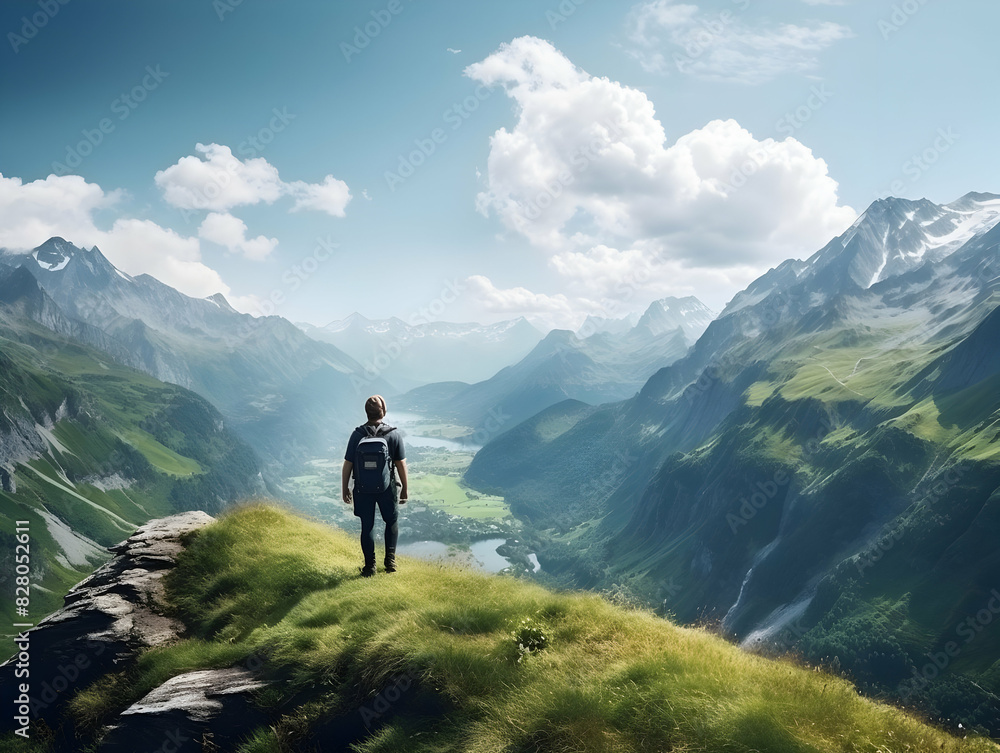 Fototapeta premium Hiking On Mountain, people&nbsp;with backpack hiking on mountain peaks, Hiking on green and Icy mountains, foggy hills, Hiking on open natural air, travel on mountain.