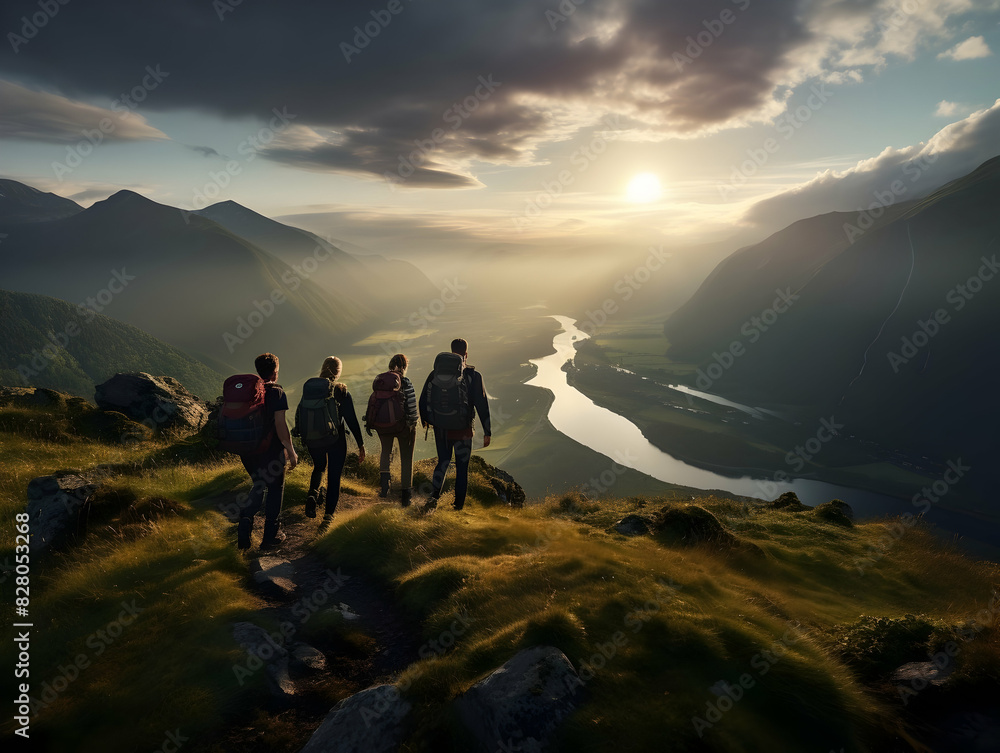 Obraz premium Hiking On Mountain, people&nbsp;with backpack hiking on mountain peaks, Hiking on green and Icy mountains, foggy hills, Hiking on open natural air, travel on mountain.