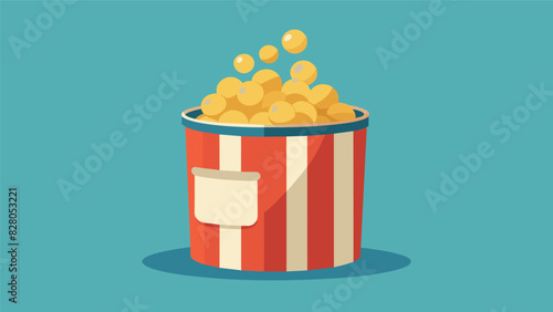 A refillable metal tin filled with organic popcorn kernels encouraging consumers to pop their own snacks instead of buying prepackaged options.. Vector illustration