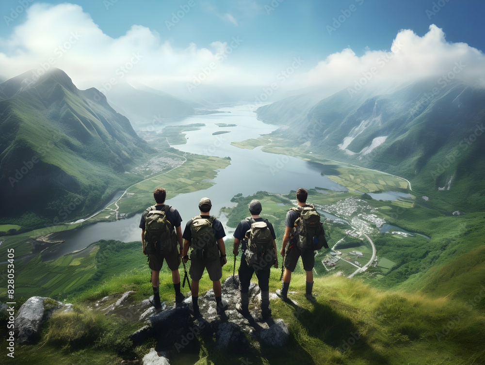 Obraz premium Hiking On Mountain, people&nbsp;with backpack hiking on mountain peaks, Hiking on green and Icy mountains, foggy hills, Hiking on open natural air, travel on mountain.