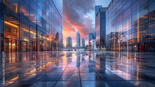 A city street with glass buildings reflecting the sky, illuminated by warm lights at dusk. A skyscraper stands tall in the background.